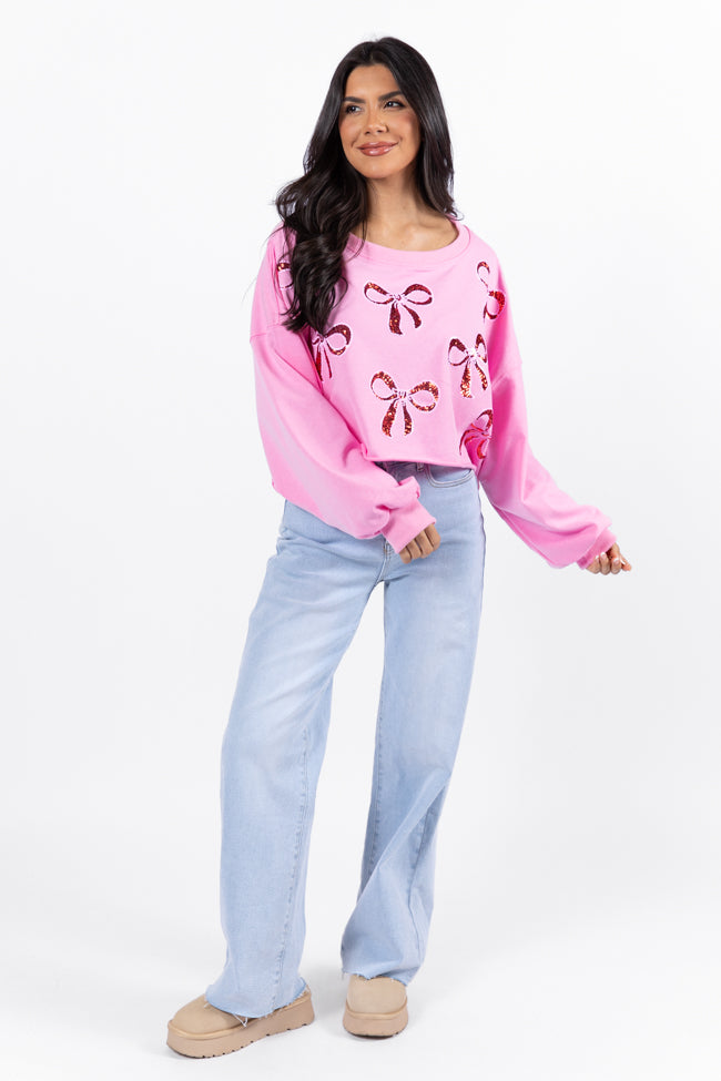 Wrapped Around My Finger Bow Sequin Patch Pink Cropped Sweatshirt FINAL SALE Free Shipping Recommend