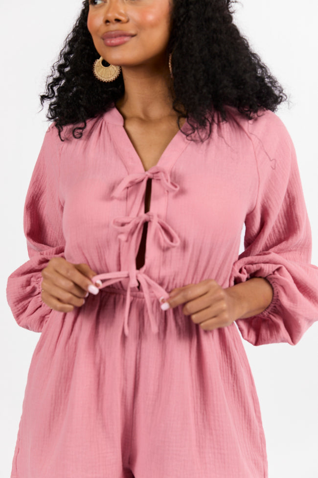 Endless Sunshine Pink Tie Front Long Sleeve Romper Low Pice Fee Shipping Sale Online