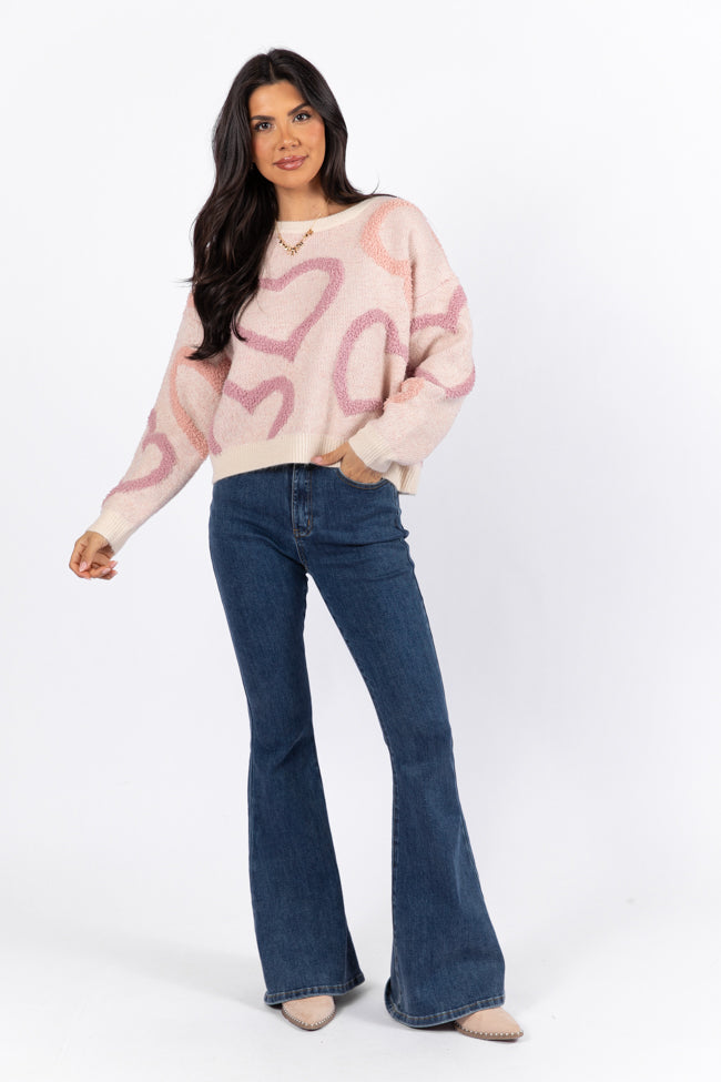 Love Again Mauve Multi Fuzzy Heart Sweater FINAL SALE Hot Sale