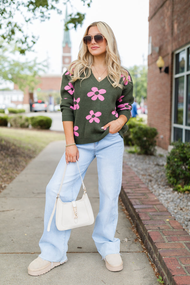 Keep You Around Olive and Pink Floral V-neck Sweater SALE Clearance Limited Edition