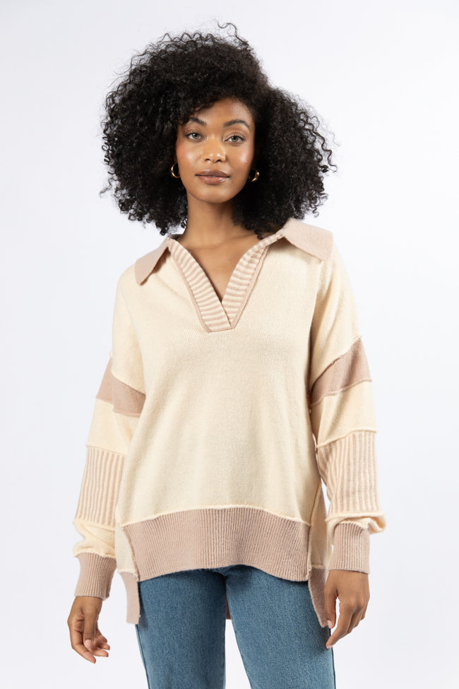 Think About It Cream and Mauve Collared Oversized Sweater Discount Low Cost