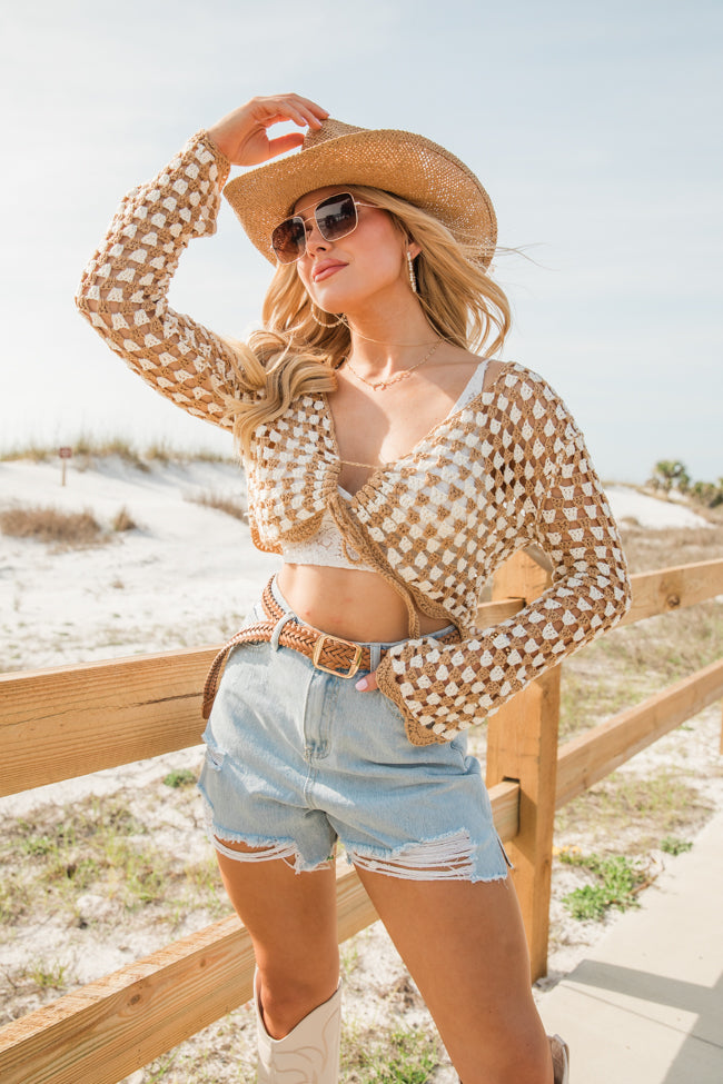 Tie That Binds Tan And Ivory Crochet Crop Long Sleeve Top Popular Online