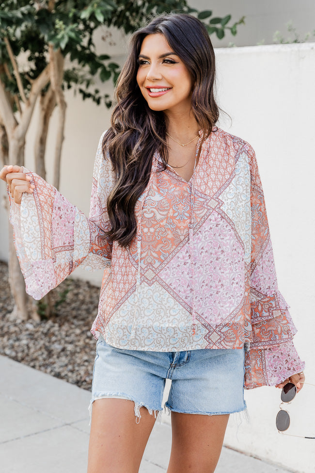 No Goodbyes Pink And Orange Printed Bell Sleeve Blouse FINAL SALE Best Place