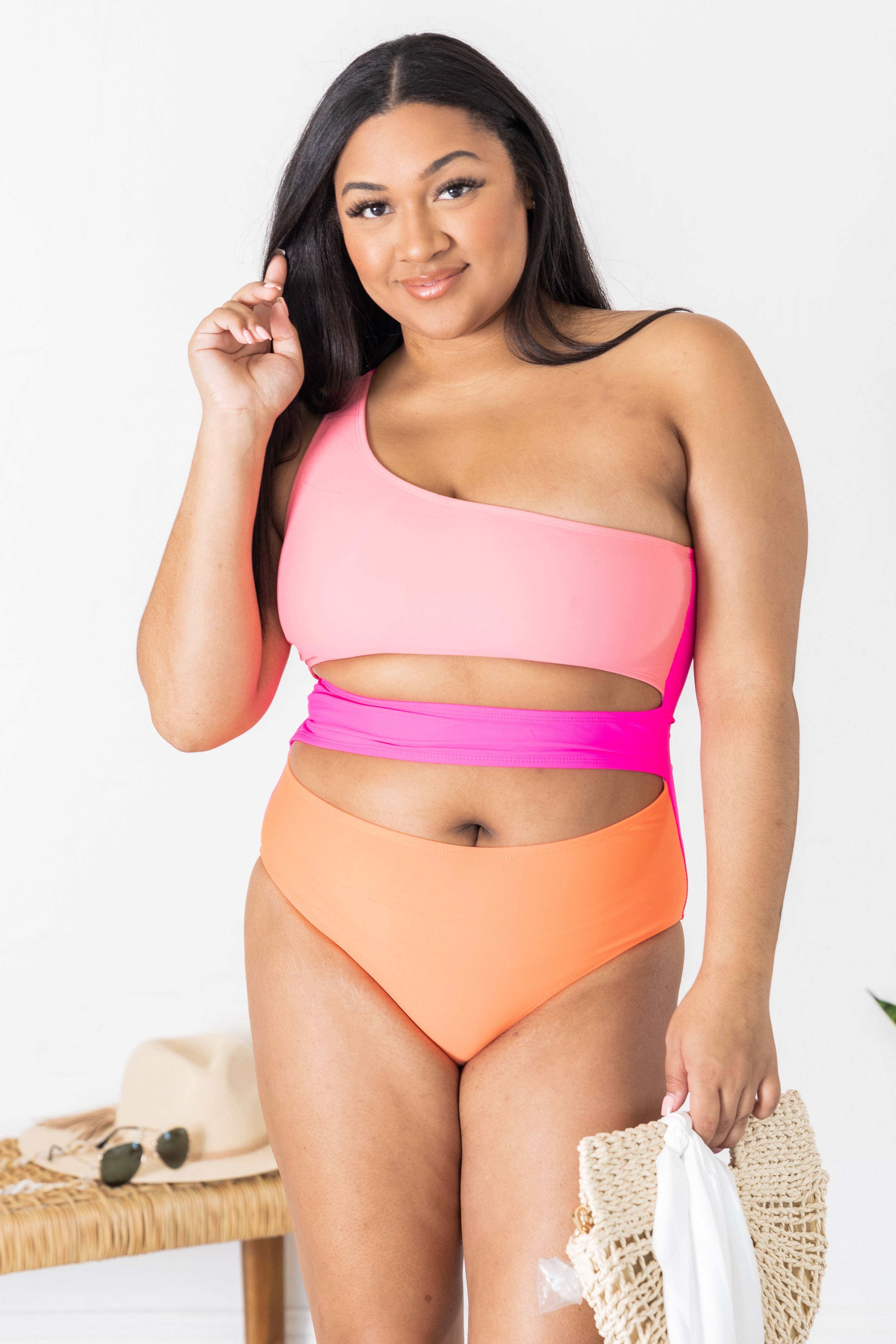 Radiant Sunburst Cutout One Shoulder Colorblock Pink Swimsuit FINAL SALE Cheap Sale Buy