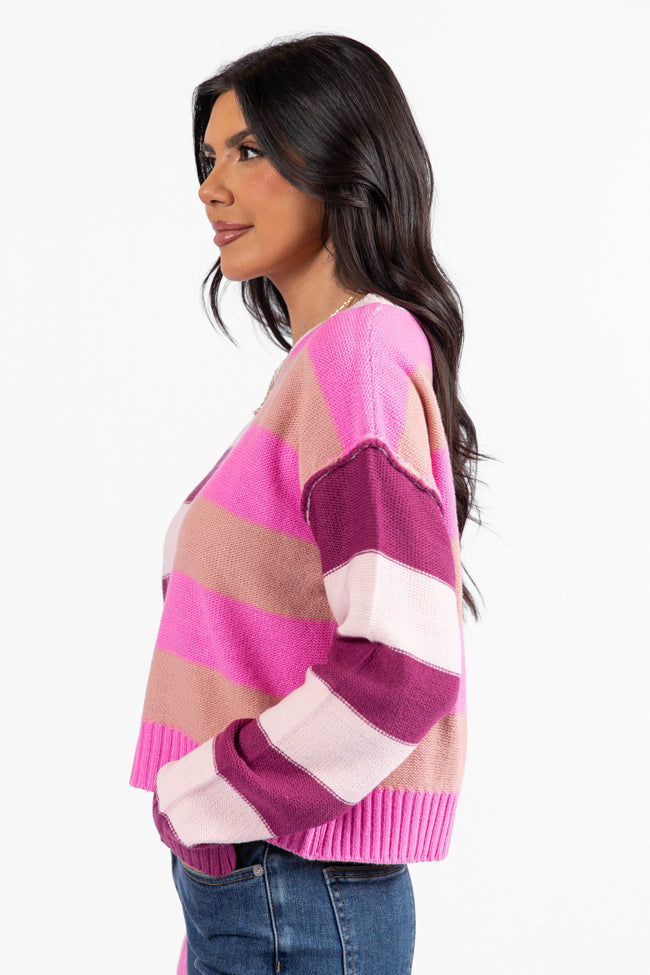 Take Your Time Pink and Berry Multi Color Block Striped Crop Sweater SALE Clearance Geniue Stockist