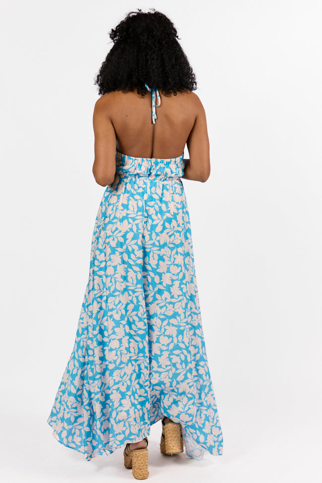 Golden Days Blue Halter Neck Printed Maxi Dress Official Online