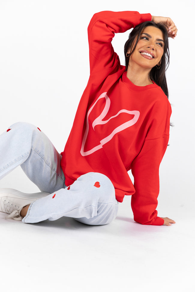 Heart Sketch Red Oversized Graphic Sweatshirt Clearance For Nice