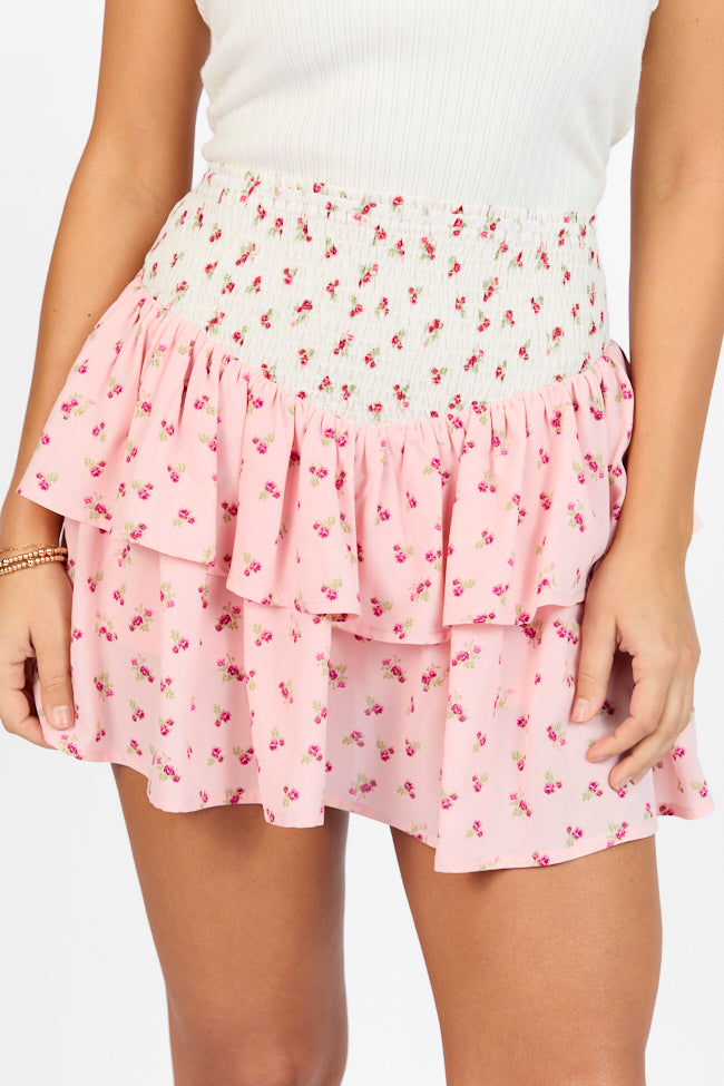 Special Day Ivory and Pink Multi Floral Color Block Tiered Skort Recommend Sale Online