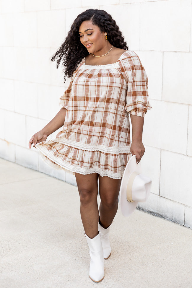 You Never Can Tell Brown Plaid Square Neck Dress FINAL SALE Marketable Online