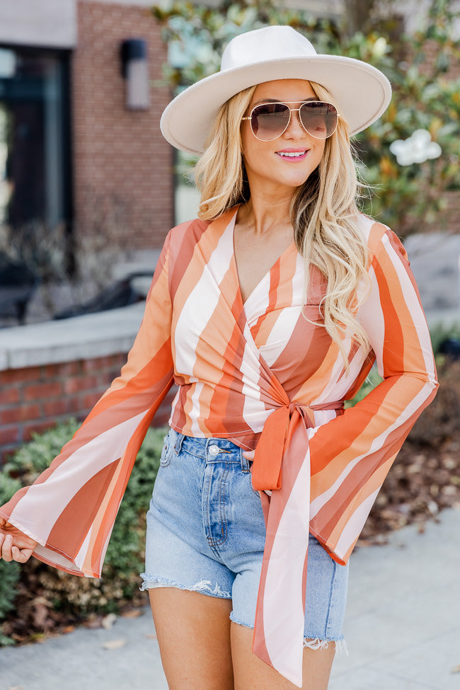 Live Your Best Life Rust Printed Long Sleeve Wrap Blouse FINAL SALE Clearance Purchase