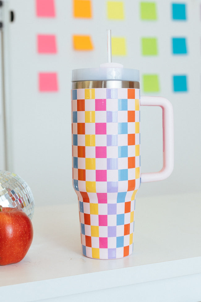 Sippin' Pretty Multicolor Checkered 40 oz Drink Tumbler With Lid And Straw FINAL SALE