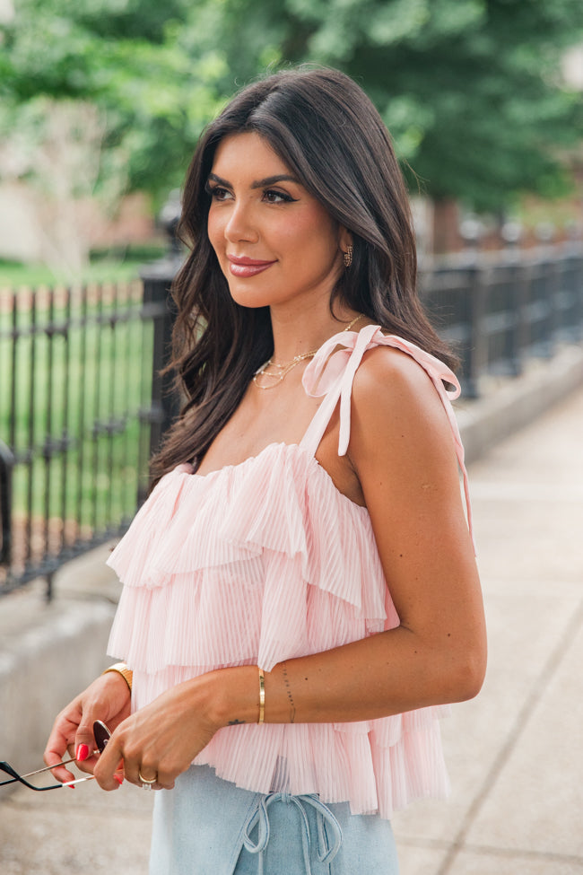 It's Giving Blush Ruffle Tulle Bow Shoulder Tank