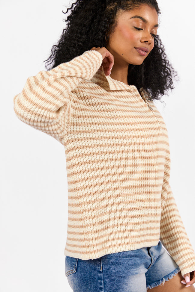 Bayside Breeze Ivory and Tan Stripe Quarter Zip Pullover Sweater Release Dates Sale Online