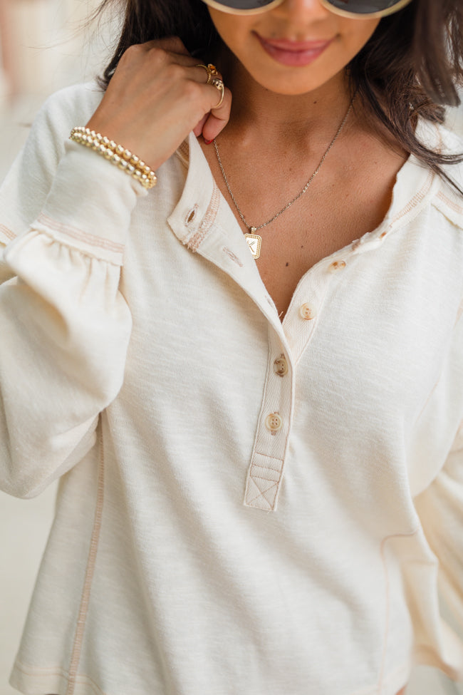 Like Me Again Cream Contrast Stitch Henley Cheap Sale Visit New