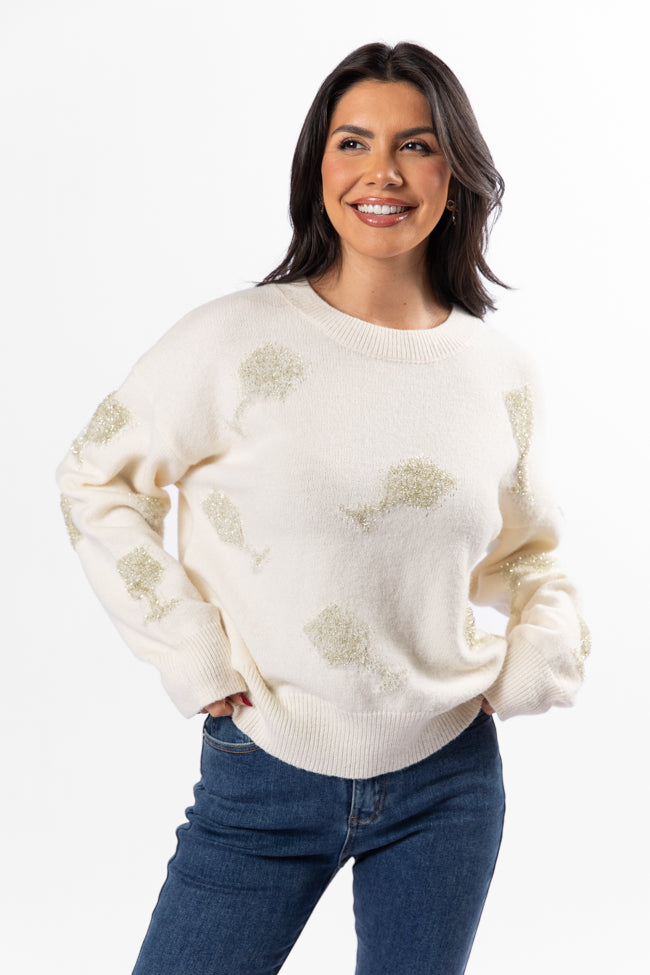 Pop The Bubbly Glitter Wine Glass Embroidered Cream Sweater SALE Sale Free Shipping