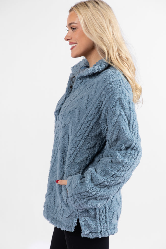 Take The Leap Blue Cable Detail Sherpa Pullover SALE Clearance Pictures