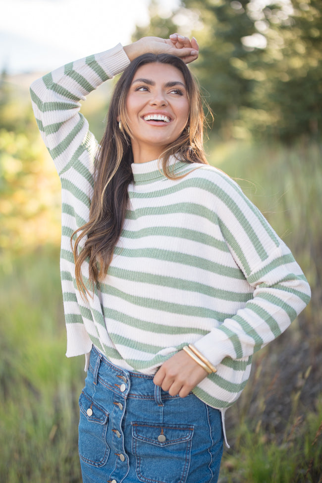 Keep On Shining Olive And Cream Striped Turtleneck Sweater Discount Sale Online