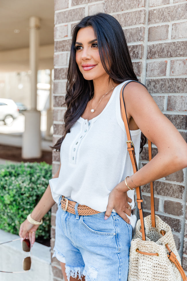 Missed Connection Ivory Waffle Henley Tank Collections For Sale