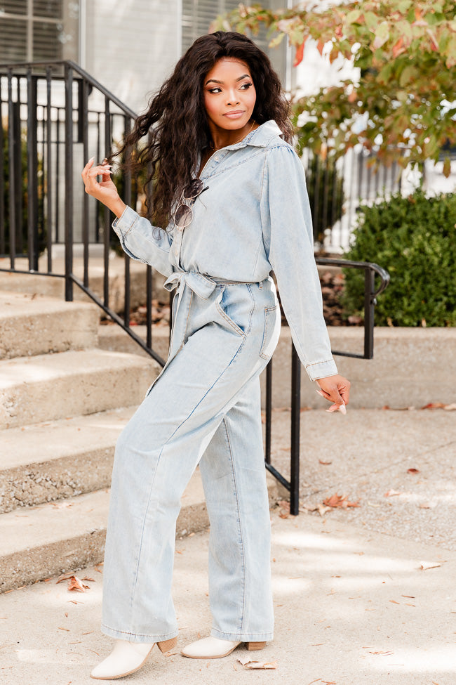 One More Time Long Sleeve Belted Denim Button Up Jumpsuit FINAL SALE Manchester Great Sale Cheap Online