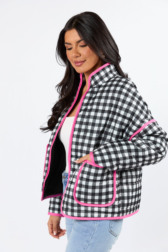 Going For It Black Gingham Printed Zip Up Jacket Buy Authentic Online