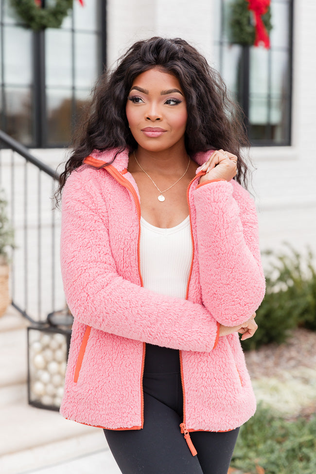 Nice As Can Be Pink And Orange Sherpa Zip Up Hooded Jacket FINAL SALE Free Shipping Outlet Store