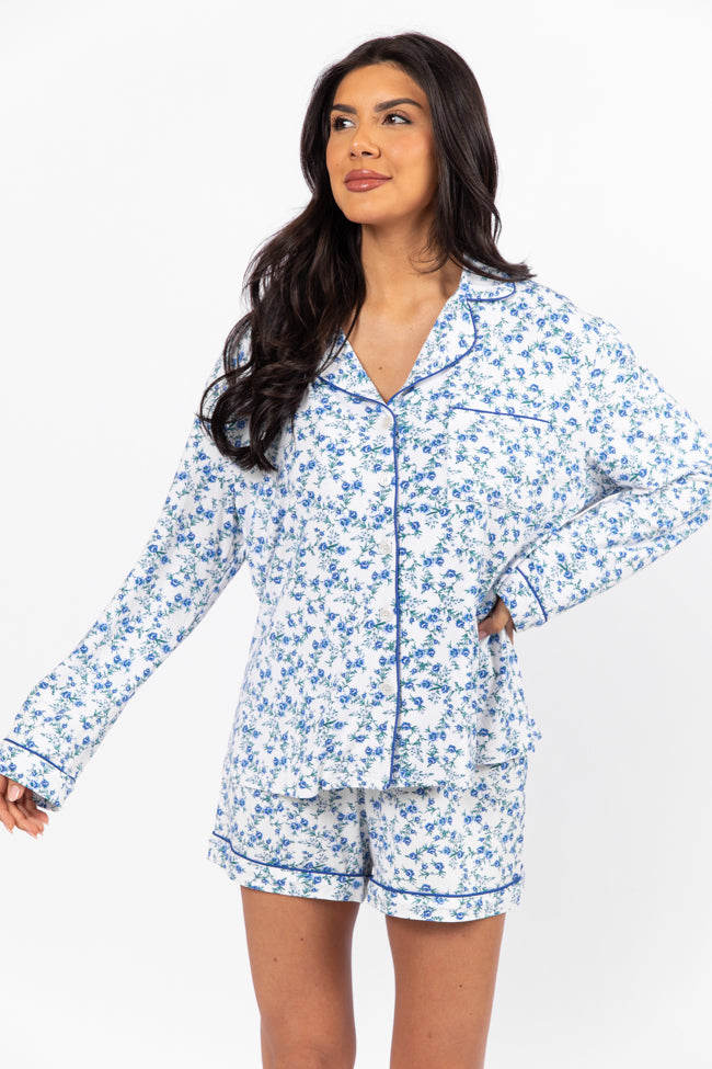 Under The Stars Blue Floral Pajama Shorts Discount Cheap