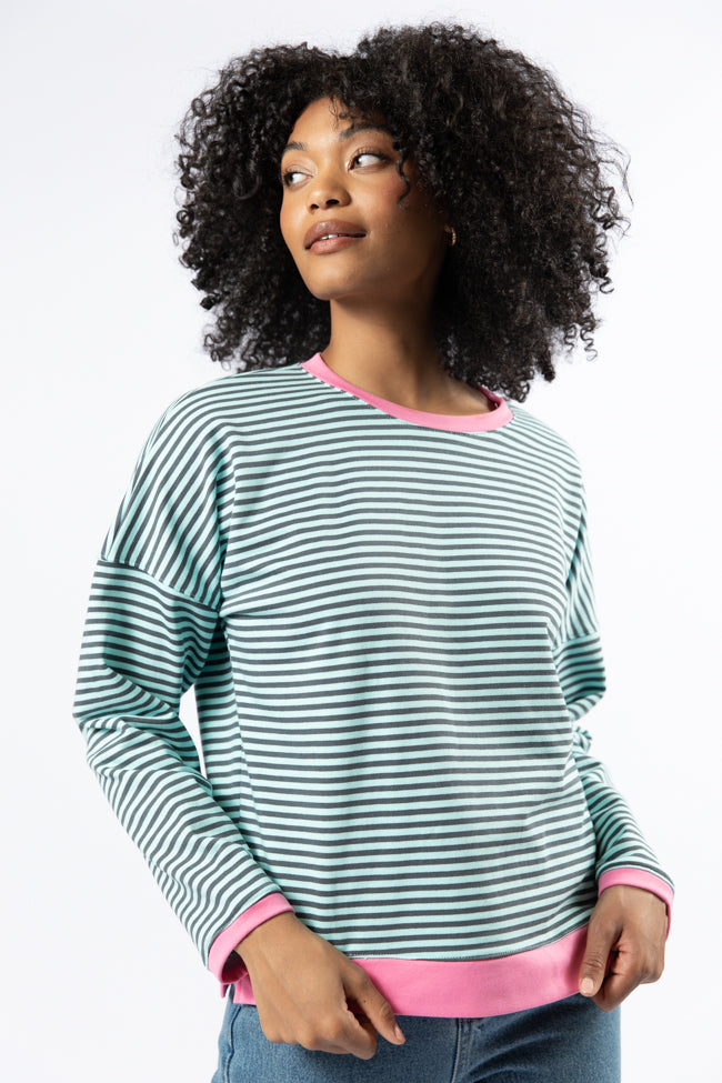 Think On It Pink, Navy, and Charcoal Striped Contrast Trim Pullover SALE Buy Cheap Shop