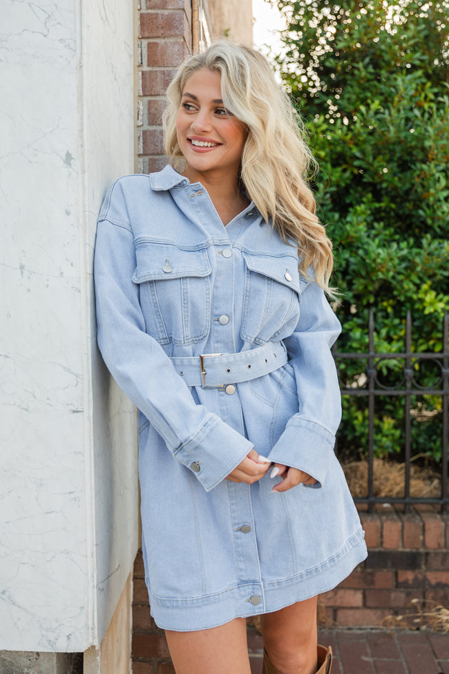 Plain Optimism Light Wash Belted Denim Dress FINAL SALE For Nice