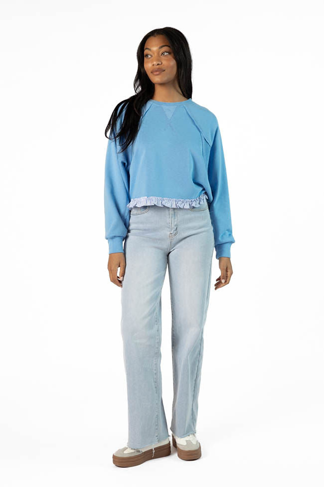 Away We Go Cropped Blue Stripe Ruffle Hem Crew Neck Sweatshirt Wholesale Pice Cheap Pice