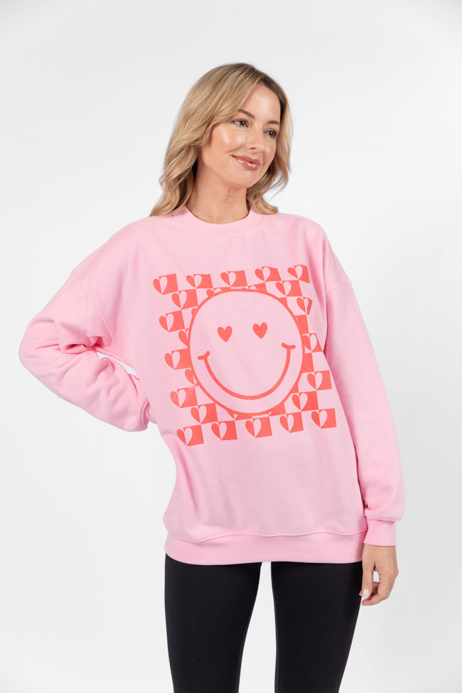 Heart Checkered Smiley Light Pink Oversized Graphic Sweatshirt Discount Reliable