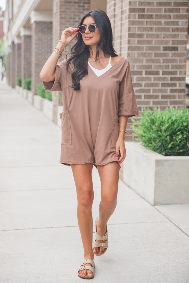 On A Daily Basis Brown Deep V-Neck Pocketed Romper Pay With Paypal Cheap Online