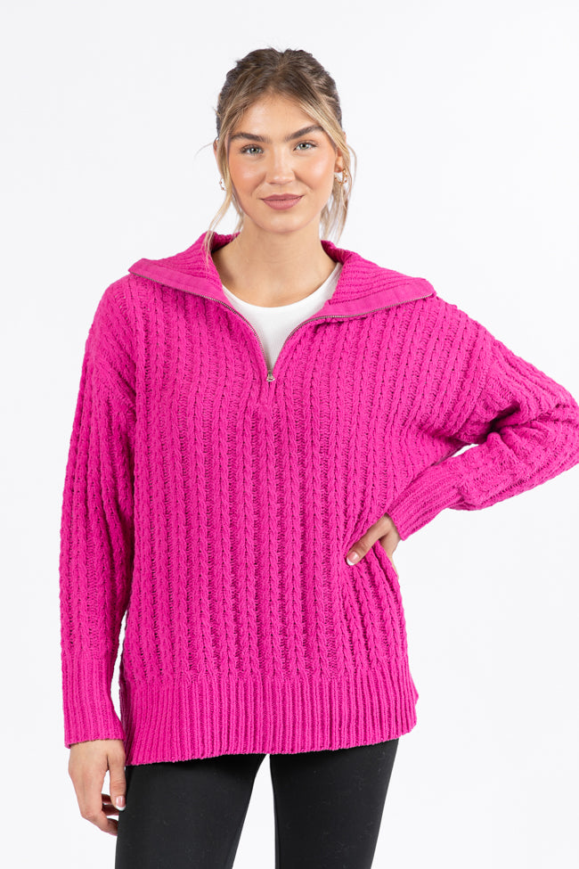 Forever Yours Magenta Cable Knit Chenille Quarter Zip Sweater SALE Free Shipping Classic