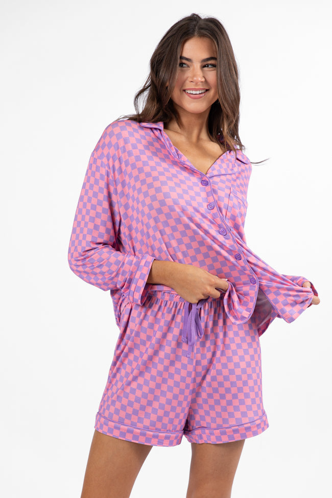 Good To Get Away Light Pink and Lilac Checkered Pajama Shorts Free Shipping Shop