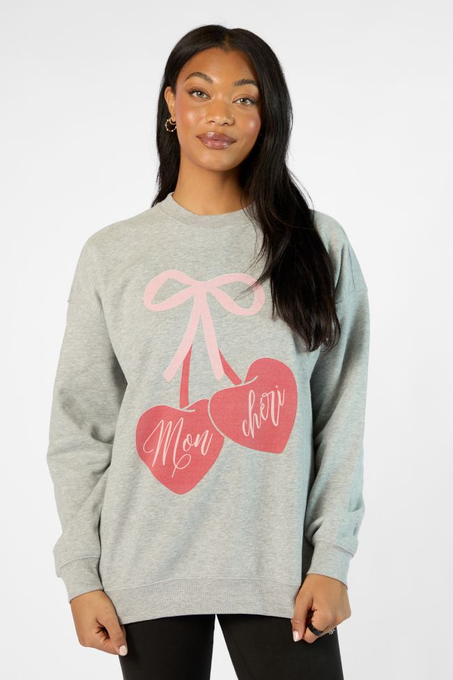 Mon Cheri Light Grey Oversized Graphic Sweatshirt Clearance Fashionable