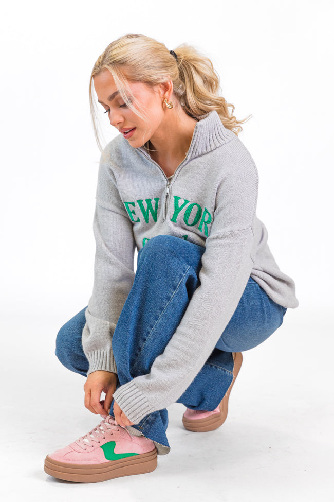 Roll With It Grey and Green New York Embroidered Quarter Zip Sweater FINAL SALE Outlet New Styles