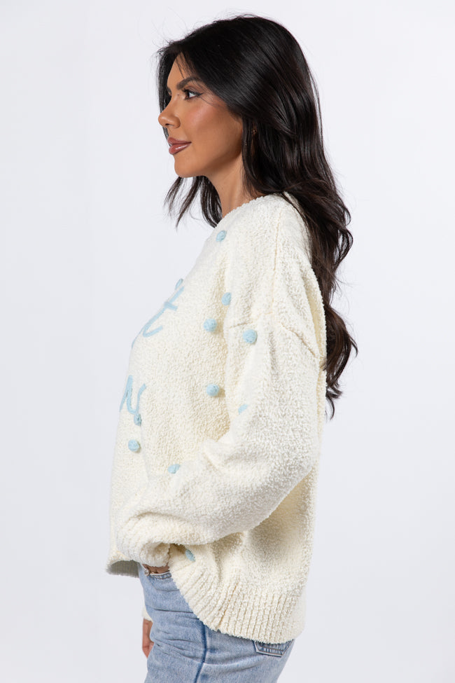 Let It Snow Ivory And Blue Fuzzy Pom Sweater FINAL SALE Free Shipping Best Place