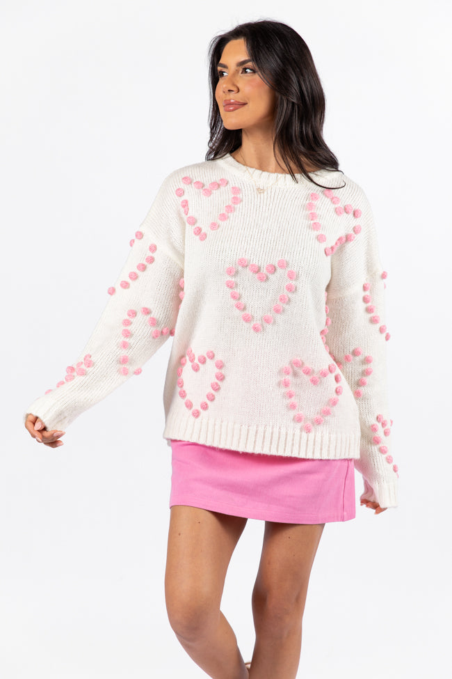 Adore You Ivory and Pink Oversized Heart Pom Sweater FINAL SALE Free Shipping Discounts