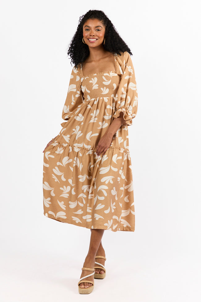 Swing Of Things Neutral Printed Smocked Midi Dress Hot Sale Online