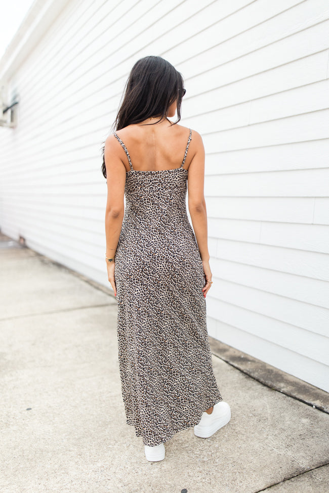 Be My Muse Shirred Neck Taupe Leopard Midi Dress Sale Online Online