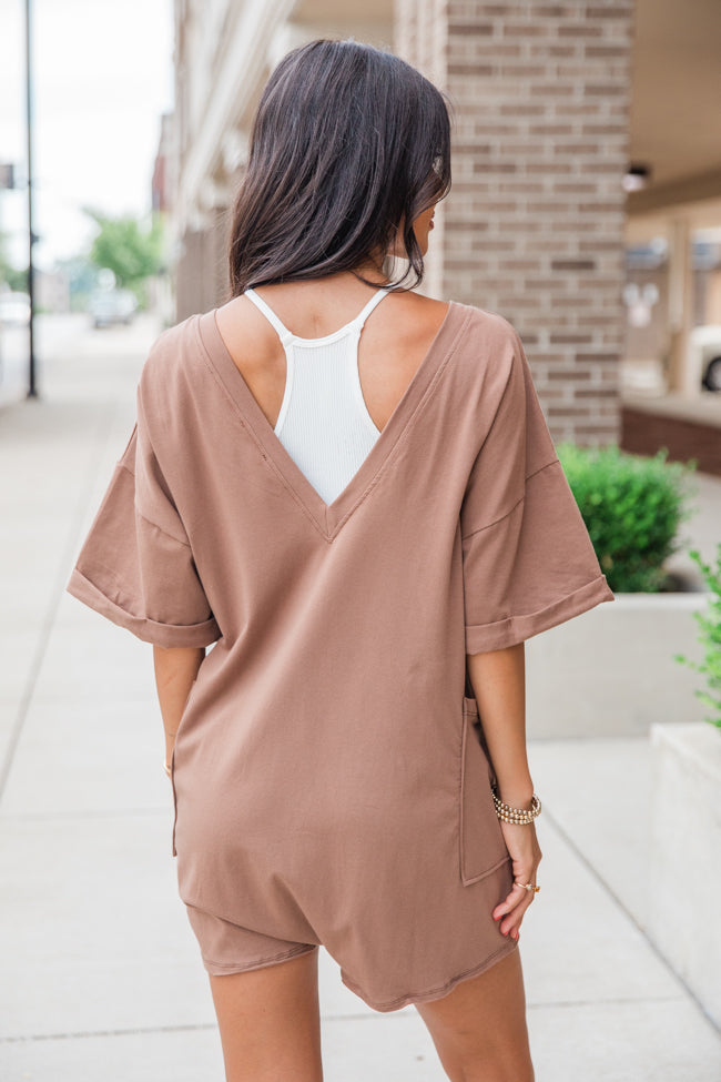 On A Daily Basis Brown Deep V-Neck Pocketed Romper Pay With Paypal Cheap Online