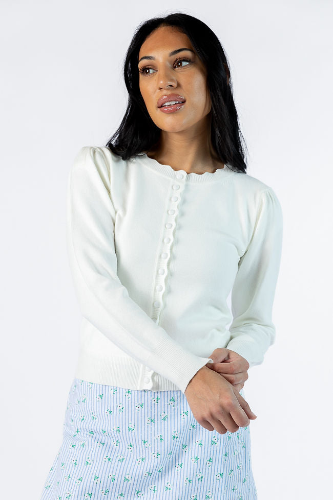 Perfect Clarity Ivory Scalloped Trim Cardigan Low Pice