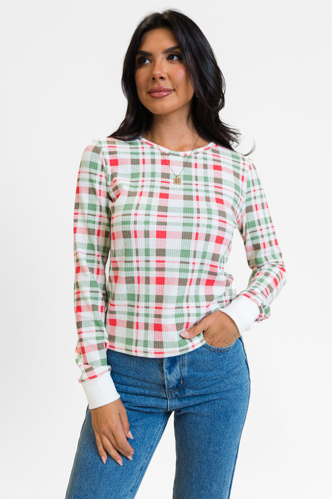 Lazy Plaid Ivory, Red, and Green Print Waffle Layering Top FINAL SALE Extremely Cheap Pice