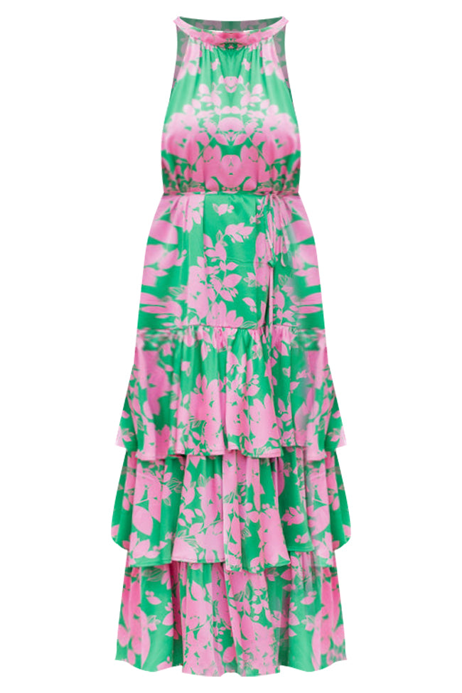 An Inspiration Green and Pink Printed Satin Halter Maxi Dress FINAL SALE Sale Pick A Best