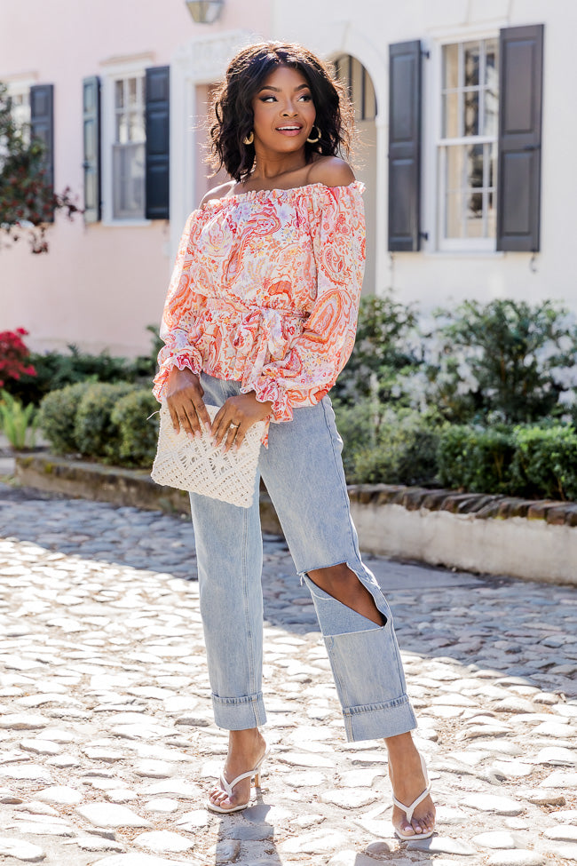 Off The Path Orange Paisley Off The Shoulder Belted Blouse FINAL SALE Free Shipping Best Place