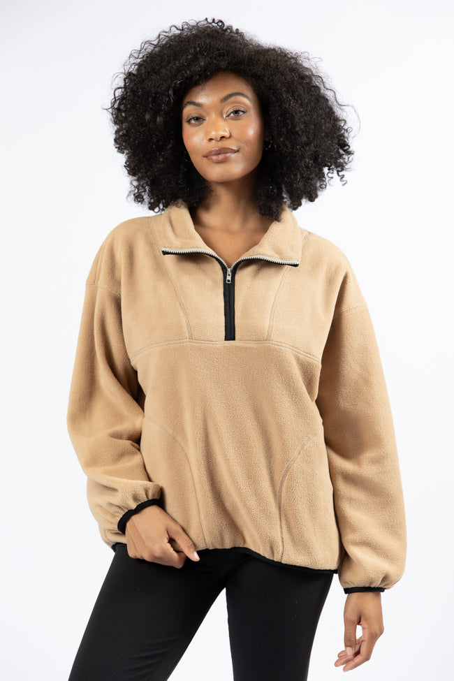 Outside The Box Beige Contrast Trim Fleece Pullover SALE Low Shipping Cheap Pice