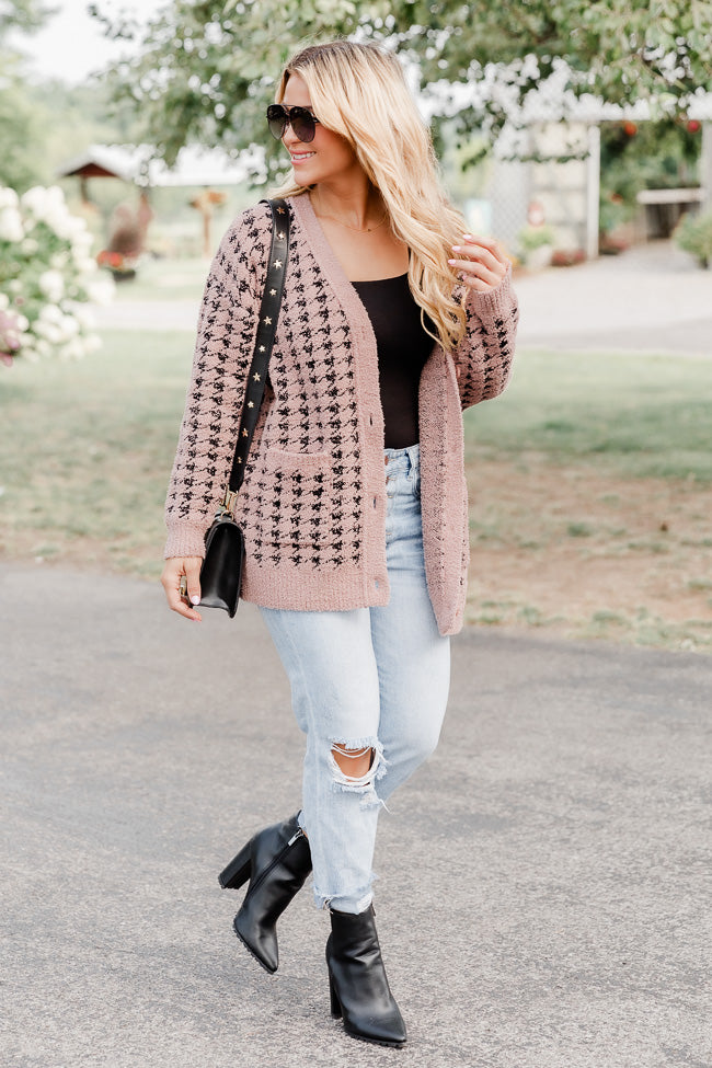 At Your Best Brown And Black Fuzzy Houndstooth Cardigan FINAL SALE Discount Supply