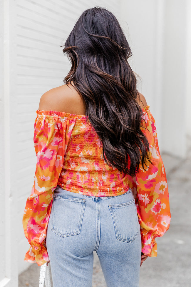 Just A Moment Orange Floral Print Off The Shoulder Blouse FINAL SALE Official Online