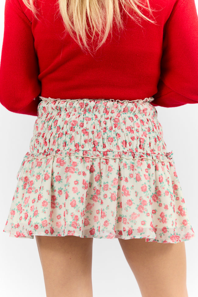 Cross My Path Ivory and Red Drop Smocked Waist Mini Skort FINAL SALE Sale Original