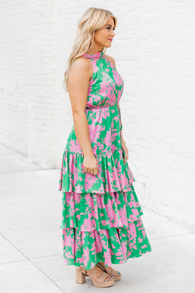 An Inspiration Green and Pink Printed Satin Halter Maxi Dress FINAL SALE Sale Pick A Best