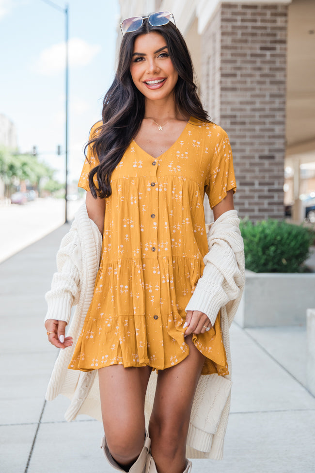 Modern Muse Mustard Floral Print Button Up Dress FINAL SALE Cheap Order